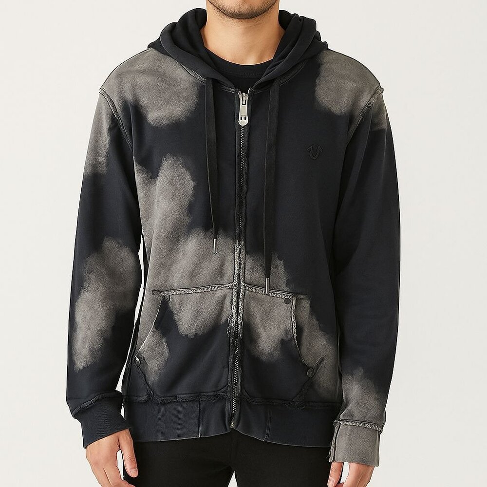 True Religion Black Bleach Dye Hoodie Frayed Details Front Pockets Mens Medium